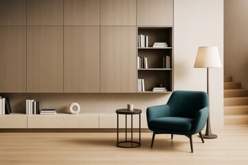 Aufkleber - Modern minimalist living room interior with wooden panels, teal armchair, and warm lighting in contemporary architectural setting.