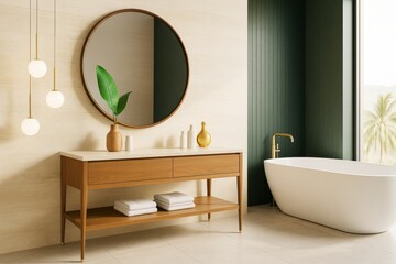 Poster - Modern minimalist bathroom interior with freestanding bathtub, wood vanity, round mirror, pendant lights, and tropical view outside window.