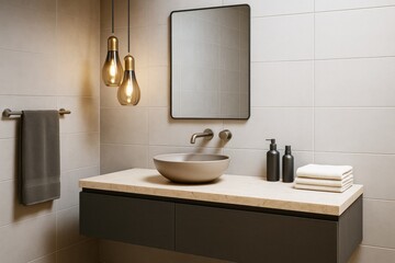 Poster - Modern minimalist bathroom interior with contemporary lighting, neutral tiles, and stylish decor elements on countertop in soft ambient light.