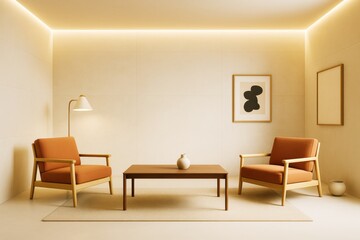 Poster - Minimalist contemporary living room with warm lighting, two orange armchairs, wooden table and framed art on beige walls. Ai generative.