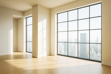 Poster - Spacious modern empty room with large windows and city skyline view, filled with sunlight and minimalistic architecture interior design concept.
