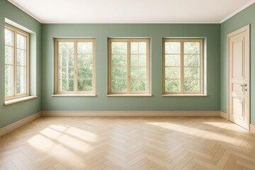 Aufkleber - Modern empty room interior with green walls, wooden floor, and large windows letting in natural light, showcasing contemporary architectural decor.