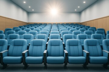 Poster - Modern empty lecture hall interior with blue seats and wooden wall panels under bright ceiling lights in contemporary architectural space.