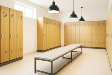 Poster - Modern empty locker room interior with wooden lockers, pendant lights, and central bench in a bright, contemporary architectural space.