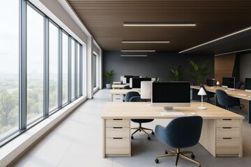 Poster - Modern open-plan office interior with natural light, wooden ceiling, sleek decor, workstations, and large windows overlooking cityscape.
