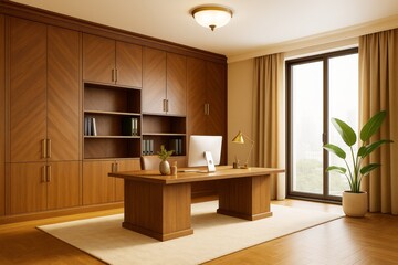 Poster - Modern executive office with wooden furniture, large window, and indoor plant in warm natural light, showcasing elegant contemporary interior design.