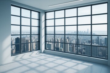 Poster - Modern empty high-rise room with large windows and panoramic cityscape view, showcasing contemporary architectural interior with natural light.