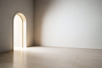 Poster - Minimalist empty interior room with arched doorway and soft natural light on beige tiled floor and clean white walls in modern architectural design.