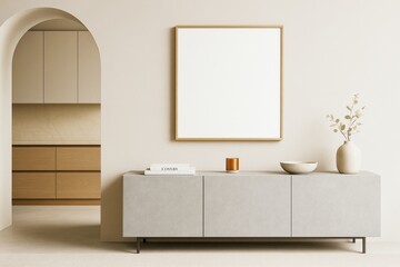 Poster - Modern minimalist interior with blank square frame above a concrete cabinet in neutral tones, perfect for design mockup or branding presentation.