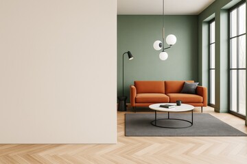 Poster - Modern minimalist living room with green wall, orange sofa, and blank beige space for mockup or branding on wooden floor background.