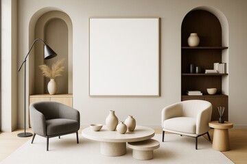 Poster - Contemporary living room with minimalist furniture and blank frame for branding or artwork on neutral wall in modern interior space concept.