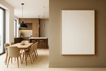 Poster - Modern dining room and kitchen interior with blank wall frame for mockup or branding concept in neutral tones and minimalist decor style.