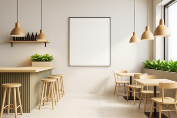 Aufkleber - Contemporary cafe interior with blank frame on wall, wooden furniture, pendant lights, and indoor plants in bright, minimalistic decor style.