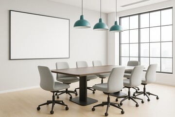 Aufkleber - Modern office meeting room interior with wooden table, gray chairs, blank framed wall, and large windows in bright contemporary space.