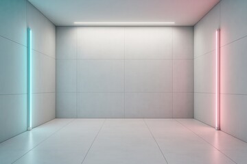 Poster - Empty modern interior room with clean tiled walls and soft neon lighting, ideal for branding, mockup, or minimalist background space template.