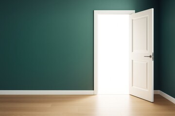 Poster - Open white door in modern interior room with green wall and wooden floor illuminated by bright light, minimal clean architecture concept.