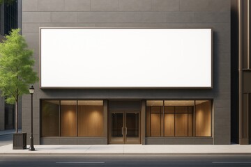 Poster - Blank white billboard on dark modern building facade with empty glass storefront and wooden interior, ideal for branding or advertisement mockup.