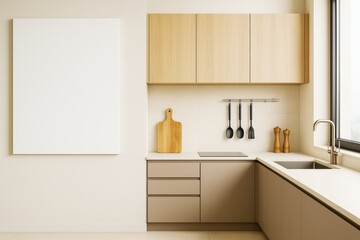 Poster - Minimalist modern kitchen interior with light wood cabinets, beige drawers, utensils, and blank canvas on wall for branding or design mockup.