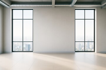 Poster - Empty contemporary interior room with large windows and urban cityscape background, ideal for architectural mockup or blank wall branding concept.