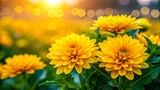 Vibrant yellow dahlia flowers blooming in field with soft evening sunlight and green leaves