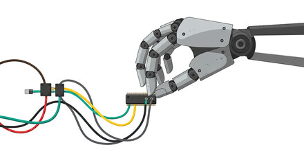 Poster - Robotic hand connecting wires to a circuit board against a black background
