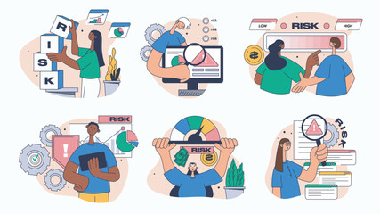 Aufkleber - Risk management concept set for web design. Collection with people analyzing meter data, solving problems, control performance indicators, more. Flat vector illustration isolated on white background.