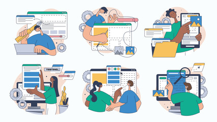 Leinwandbilder - Website design concept set for web design. Collection with people building responsive wireframe site layout, create application pages, more. Flat vector illustration isolated on white background.