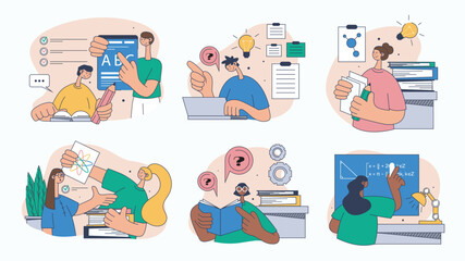 Poster - School learning concept set for web design. Collection with people doing homework, studying in classroom, training at lessons and seminars, more. Flat vector illustration isolated on white background.