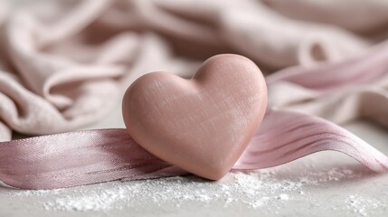 Poster - Soft Pink Clay Heart Wrapped in Ribbon Rests on a Light Surface Surrounded by Fabric and Subtle Textures