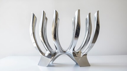 Poster - Sleek, modern silver metal sculpture with organic, flowing lines; sits on a white surface against a white background.