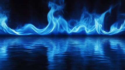 Poster - Abstract blue flames reflected in water on a black background.
