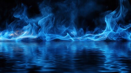 Poster - Abstract blue flames reflecting on water surface, dark background.