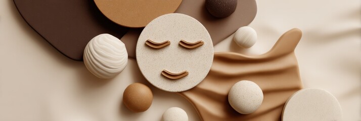 Poster - Smiling Clay Face Surrounded by Abstract Shapes on Minimal Surface in a Serene Display of Creativity and Design Elements