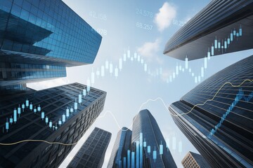 Poster - Modern skyscrapers with financial stock market chart overlay against a bright sky background in a creative business concept scene.