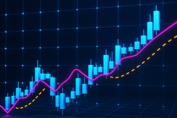 Poster - Abstract glowing candlestick chart with neon trend lines on dark grid background representing financial business growth and analysis concept.