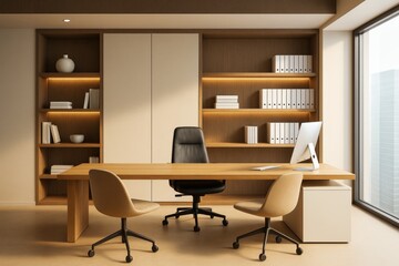 Poster - Modern minimalist executive office interior with wooden desk, beige chairs, and shelves, illuminated by soft natural light from large window.