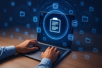 Aufkleber - Businessman's hands typing on laptop with digital document and folder icons in futuristic light abstract background interface concept.