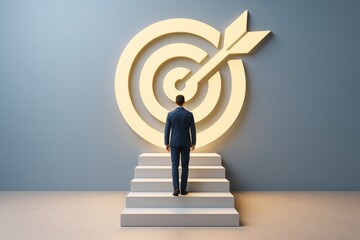 Poster - Businessman walking up stairs toward glowing bullseye target symbol on abstract background representing goal achievement and success vision.