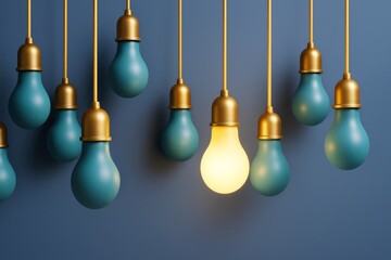 Poster - Hanging blue and gold light bulbs with one glowing bulb on blue background, symbolizing creativity and innovation in abstract business concept.
