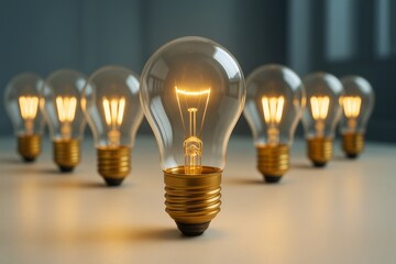 Poster - Illuminated lightbulbs arranged in rows with one in focus symbolizing leadership and innovation on a soft background in business concept image.