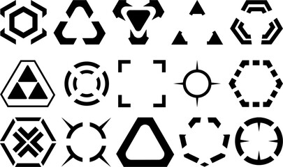 Fototapete - Futuristic vector tech icons and geometric HUD elements with hexagon, triangle, and circle shapes ideal for sci-fi interfaces, games, apps, and high-tech digital design projects.

