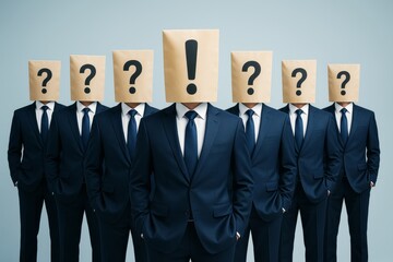 Poster - Businessmen in suits with paper bags over heads featuring question and exclamation marks standing in row on light background. Ai generative.