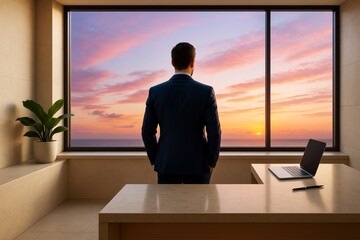 Poster - Businessman in modern office looking at colorful sunset through large window, symbolizing vision, ambition, and future goals in business environment.