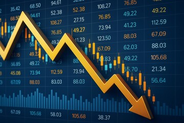 Poster - Business stock market crash concept with yellow arrow declining over financial data background on digital screen in light graphic style.