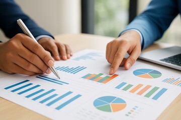Aufkleber - Close-up of business professionals analyzing colorful bar and pie charts during meeting on light office background with abstract data graphics.