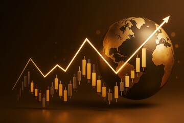 Poster - Abstract financial growth chart with candlesticks and glowing globe on dark background representing global business success and economic progress.