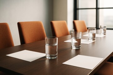 Poster - Modern business meeting table with glasses of water and paper sheets, warm light ambiance, orange chairs, soft office background.