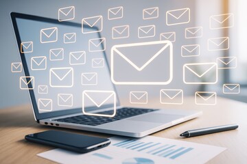 Aufkleber - Laptop with glowing email icons representing communication and digital messaging concept on light office background for business technology theme.