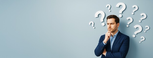 Poster - Thoughtful businessman in suit with question marks on light blue background with copyspace for business concept, poster, or banner design.