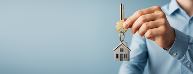 Poster - Hand holding a house key with a home-shaped keychain on light blue background, representing real estate or property concept for business use.